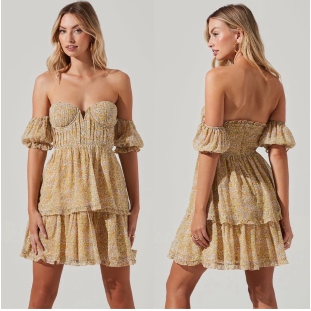 ASTR the Label Yellow Corset Floral Tiered Off the Shoulder Mini Dress Size L